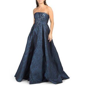 RENE BY RENE RUIZ Navy Strapless Jacquard Gown With Beaded Floral Applique